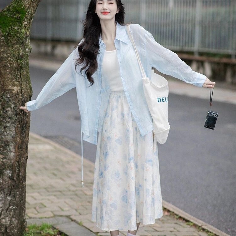 2026 Gentle Style Floral Dress for Women, Early Spring Outfit, Elegant Shirt and Matching Long Skirt, Old Money Style 2026 Gentle Style Floral Dress for Women, Early Spring Outfit, Elegant Shirt and Matching Long Skirt, Old Money Style