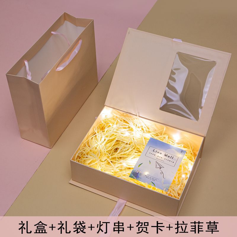 반투명 창 선물 상자-샴페인 + 램프 스트링 라피아 인사말 카드