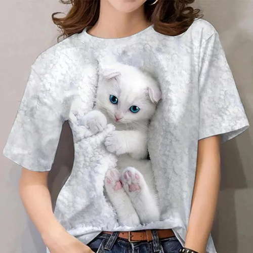 Summer 2024 Foreign Trade Women's Wholesalers Retro Cartoon Cat Cute 3D Print Crew Neck Short Sleeve T-Shirts