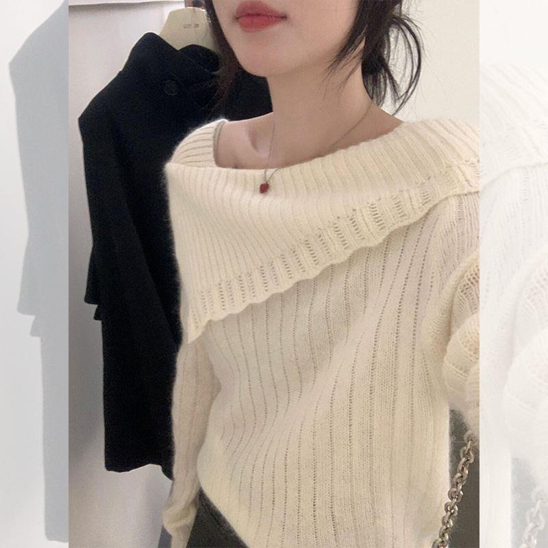 设计感斜肩花朵灰色毛衣针织衫女韩系氛围感穿搭露肩长袖上衣笙陇|undefined