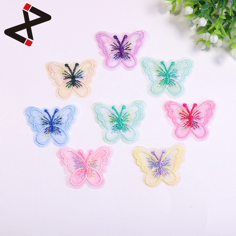 电脑绣花厂衣服辅料蝴蝶贴布 单层金丝+涤纶立体仿真刺绣蝴蝶布贴