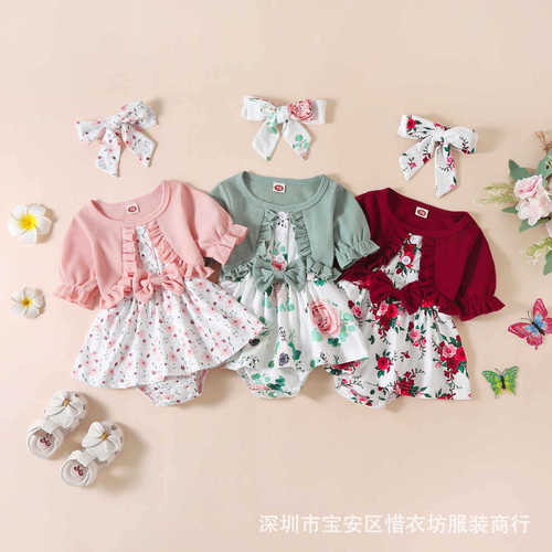 Summer and Autumn New Baby Girls' One-piece Romper with Short Sleeve Top, False Two-Piece with Bow Print Skirt, Diaper Cover Tunic Dress
