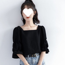 夏季大码胖mm200斤泡泡袖雪纺衬衫高档女装黑色宽松半袖低领上衣