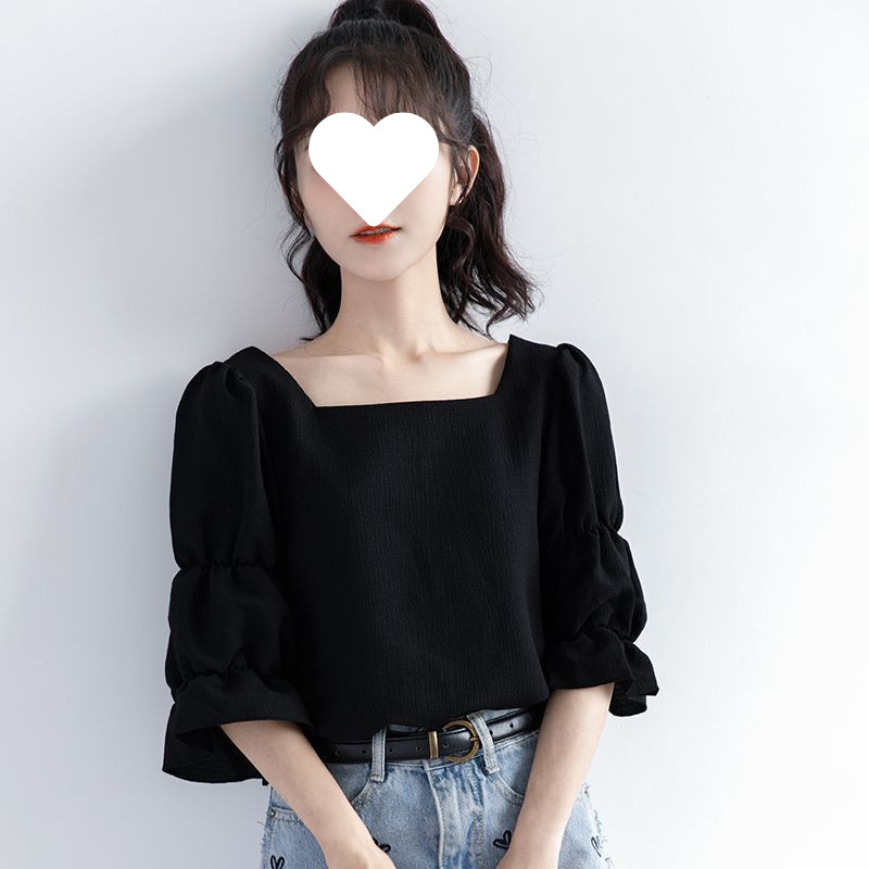 夏季大码胖mm200斤泡泡袖雪纺衬衫高档女装黑色宽松半袖低领上衣