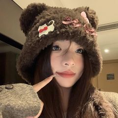 可爱小熊耳朵猫咪蝴蝶结毛绒帽女秋冬季保暖护耳雷锋帽显脸小帽子
