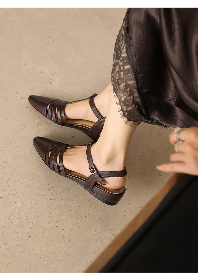 Sandal nữ hở mũi gót thấp 3 cm, quai dệt đinh tạo kiểu cổ điển — Sữa hạnh nhân chi tiết 22