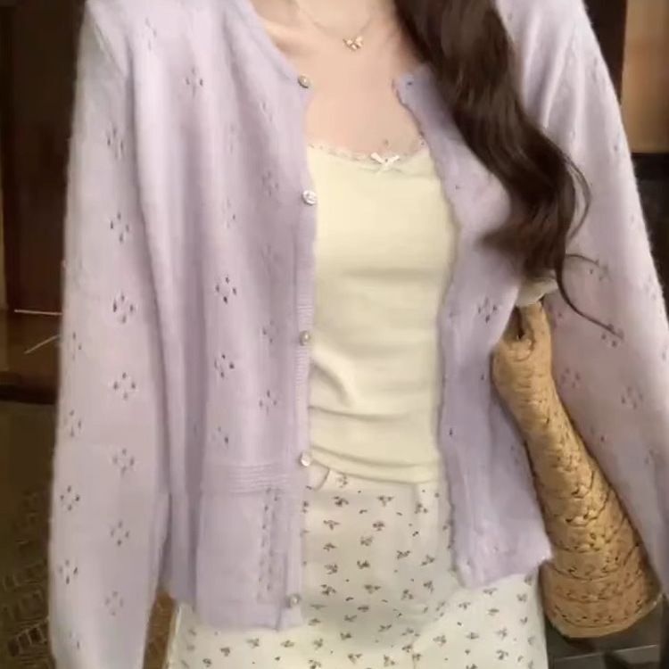 Sweet Girl's Hollow-Out Knit Sweater, Purple Cardigan for Women, Spring and Summer Korean Style, Gentle Style, Light Purple Top for Petite Figures