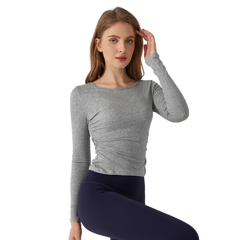 가을과 겨울 허리 요가 상의 느슨한 고기 덮는 피트니스 의류 모달 피부 친화적 얇은 스포츠 피트니스 블라우스 긴팔