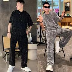夏季新款男轻奢满天星烫钻套装网红潮流宽松透气5分袖短裤两件套