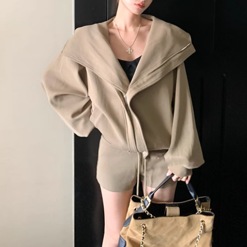 2025秋季新款 美学 韩系休闲宽松连帽卫衣开衫外套抽绳短裤套装女|undefined