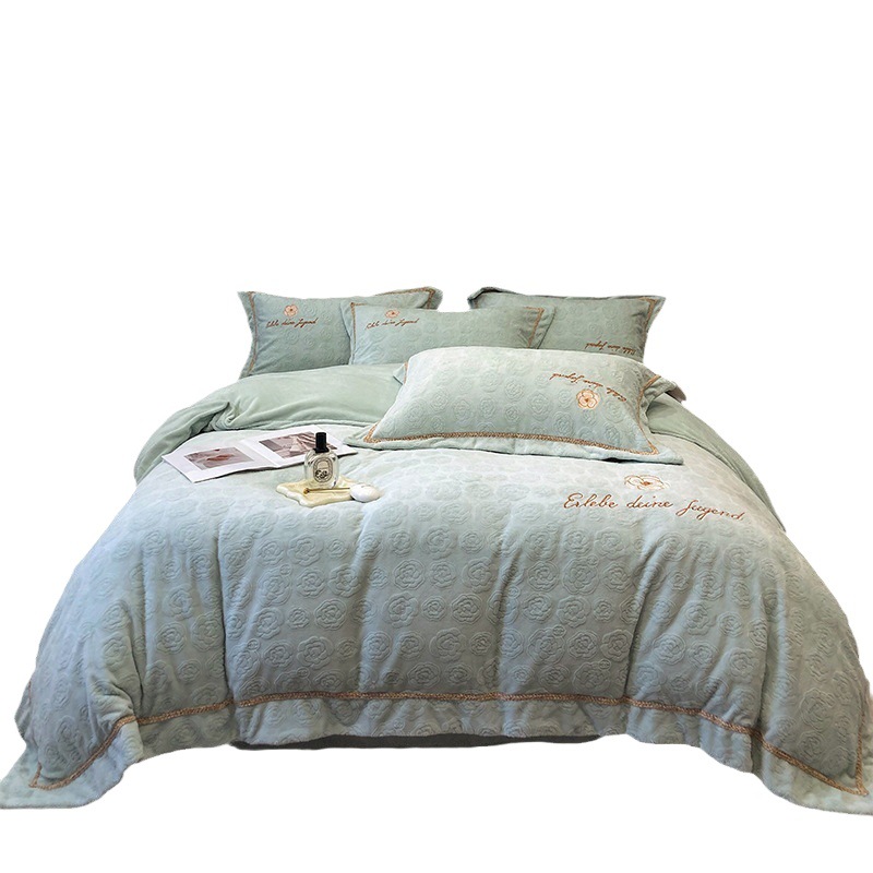 Juego de cama de cuatro piezas de algodón de fibra larga de 60 hilos, color liso, bordado, con sábana ajustable, teñido reactivo.