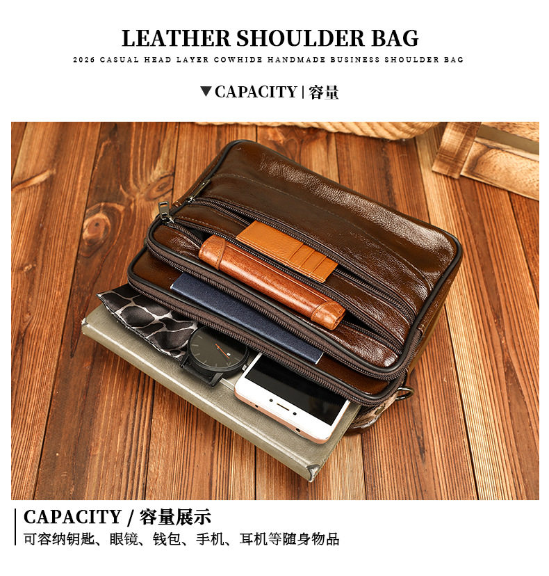 Túi đeo chéo nam Marlunet da bò thật kiểu ngang dung tích lớn, đựng được máy tính bảng 10 inch — Màu cà phê chi tiết 14