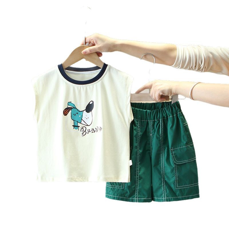 7922 traje de chaleco de verano para niños 2025 nuevo estilo ropa de dibujos animados para niños chaleco sin mangas de dos piezas de moda