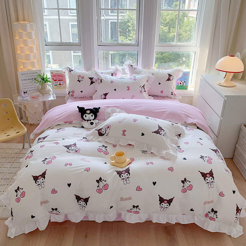三丽鸥纯棉花边款四件套全棉公主风卡通HelloKitty床单被套床裙款|undefined