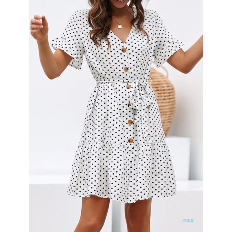 여성 여름 해변 쉬폰 원피스 캐주얼 짧은 소매 폴카 크로스