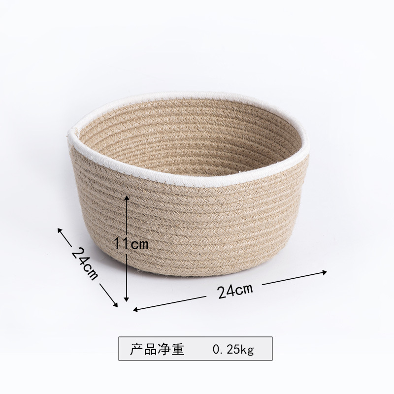 Cesta de almacenamiento redonda de cuerda de lino trenzada nórdica bocadillos cosméticos joyas de escritorio de almacenamiento de cuerda de lino cesto de acabado