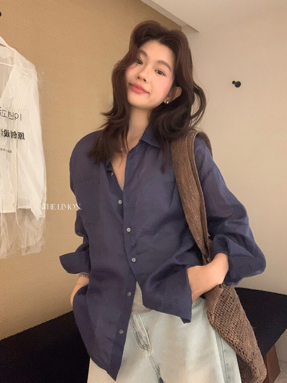 Áo sơ mi nữ linen tay dài cổ bẻ phong cách thư giãn — Xanh đen, xanh lam, Màu cà phê, màu hồng chi tiết 16