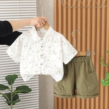 儿童衬衫套装夏季1岁宝宝衣服短袖两岁男孩两件套痞帅男小童夏装4