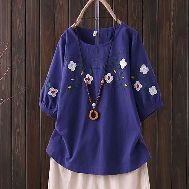 棉麻文艺复古刺绣T恤女夏装新款民族风大码宽松显瘦短袖遮肉上衣