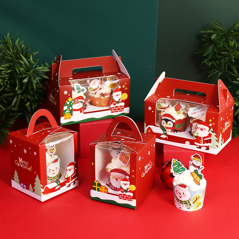 圣诞节纸杯蛋糕包装盒2/4/6粒手提马芬杯盒子透明蛋挞礼盒装杯子