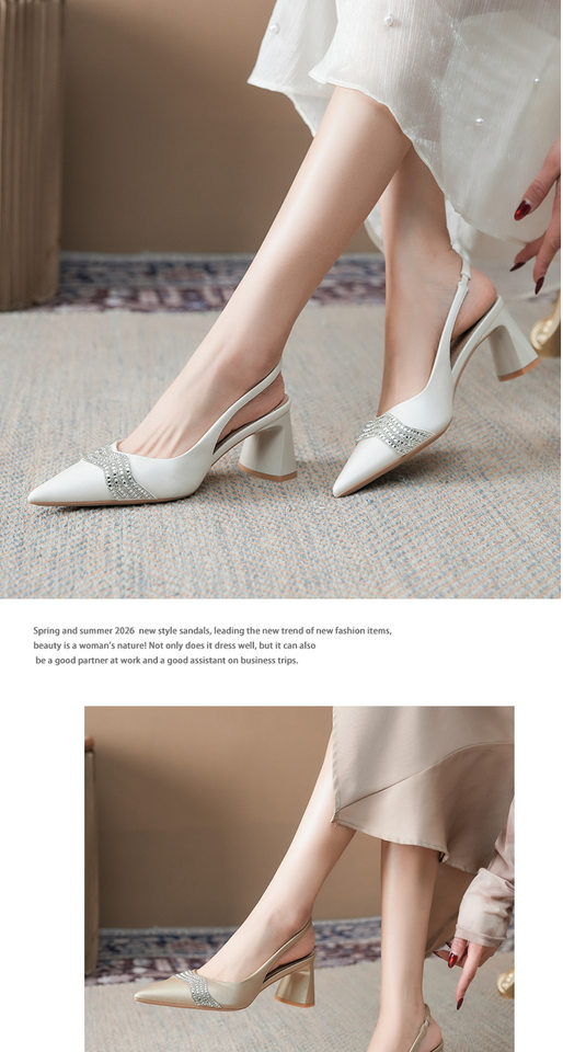 Sandal cao gót nữ mũi nhọn hở gót gót thô đính đá chất liệu satin, gót 6–8 cm — Màu trắng ngà, Vàng nhạt chi tiết 9
