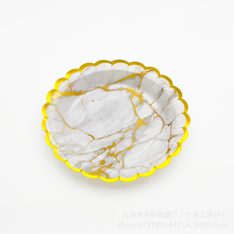 Plato de papel desechable conjunto de tazas de papel para fiesta doméstica comercial europea estampado patrón de mármol platos de papel de cumpleaños
