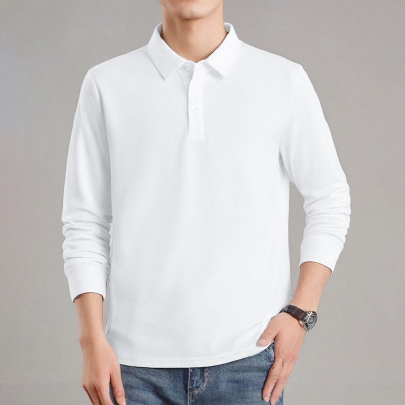 Lapel Polo Shirt Men's Long-Sleeved T-Shirt Autum Thin Collar Bottoming Shirt Pure Color White Autum Clothes
