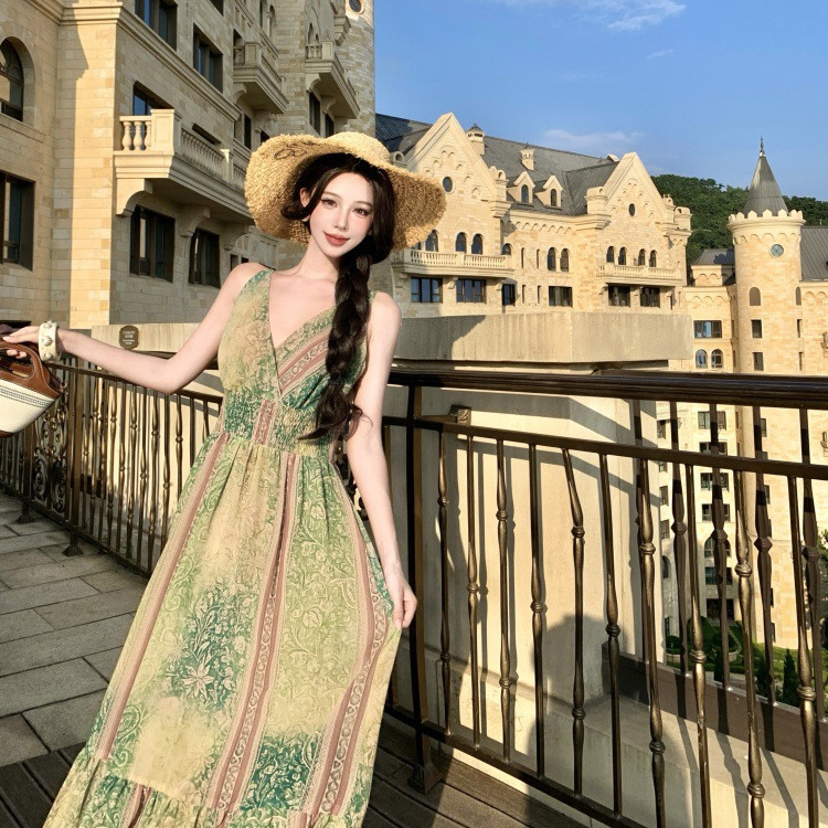 Skirt Suitable for Travel Photography Bohemian Seaside Vacation Waist Green Printed Suspender Dress for Women Summer Skirt Suitable for Travel Photography Bohemian Seaside Vacation Waist Green Printed Suspender Dress for Women Summer