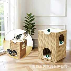 跨境手工编织猫窝四季通用可叠加宠物窝带窗户猫床半封闭式狗狗窝