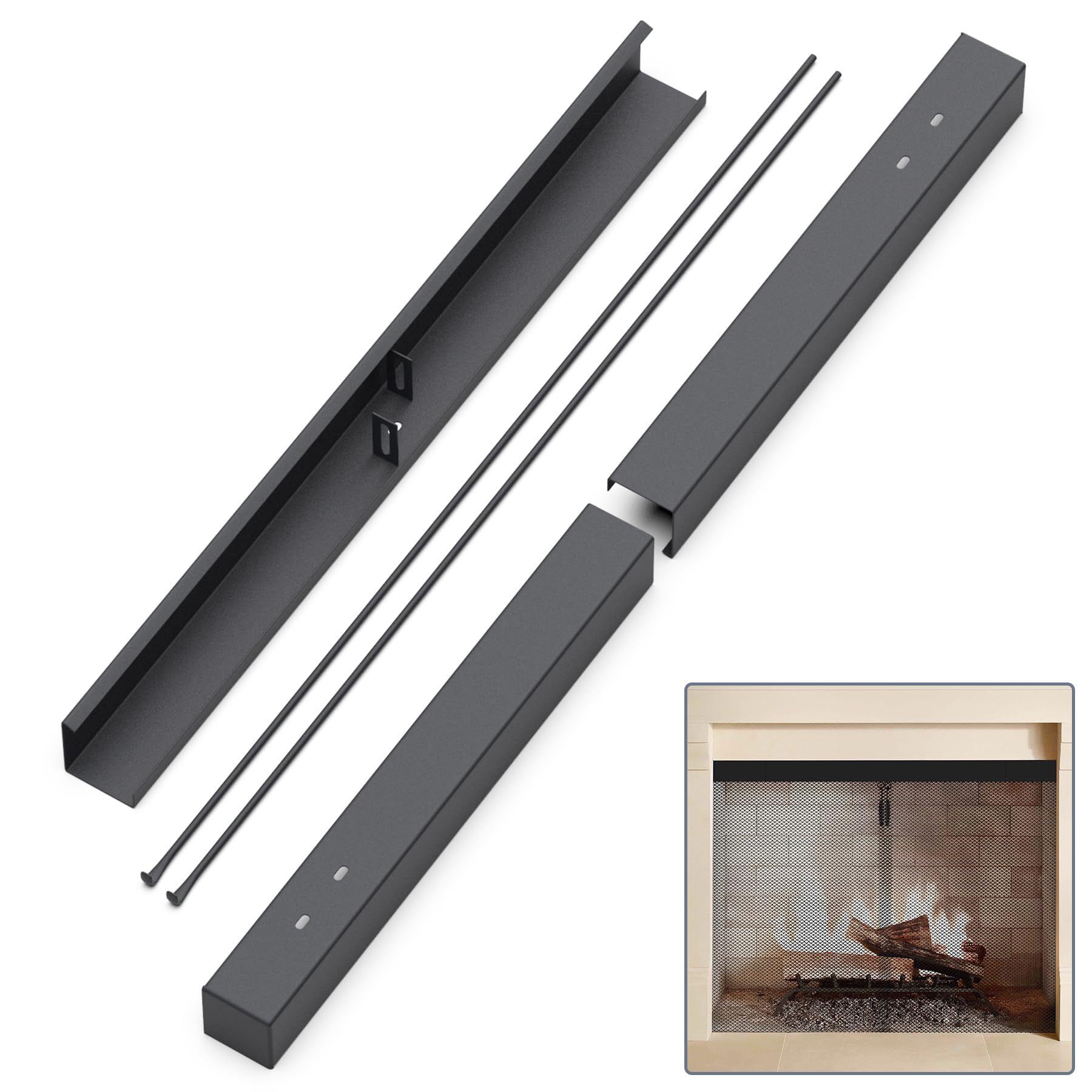 Flamorrow Adjustable Rod and Curtain Set - Fireplace Curtain Rod Set Suitable for Spark Screens