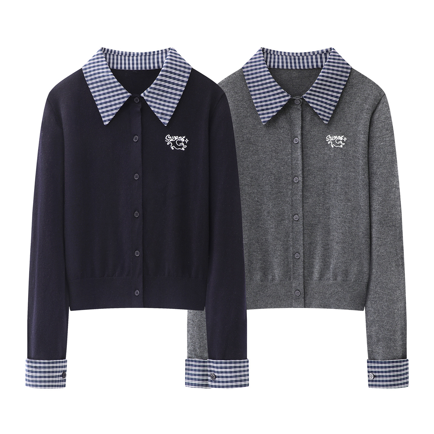 格纹假两件毛衣针织衫2025年秋装新款内搭打底开衫上衣女