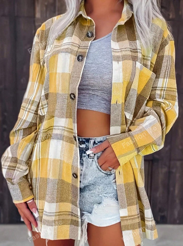 New European and American-style women's colorful plaid long-sleeved shirt—casual, loose-fitting, fashionable, and elegant coat.