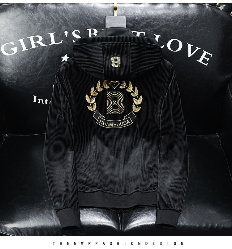 boy Europe Station 2023 Autumn Winter New Velvet Embroidered Men's Hooded Jacket Plus Size Trendy Casual Coat Top_viptrois.com