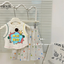 柠里女童休闲套装夏卡通上衣+阔腿八分裤两件套幼儿园小朋友夏装