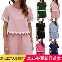 欧米の国境を越えた女装アマゾン2025春夏の新型縁取り丸襟半袖tシャツパンツセット女性