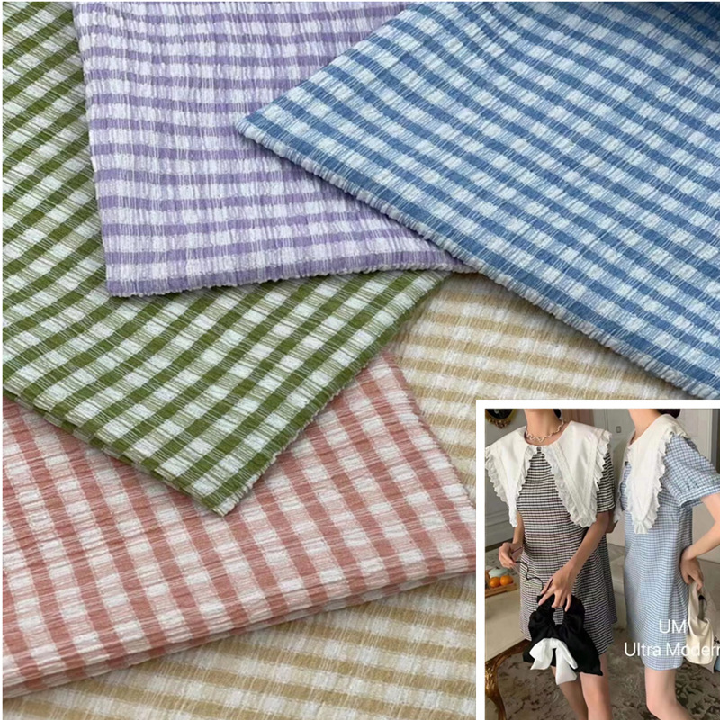 新款春夏针织面料条纹格子皱皱布女童装连衣裙衣帽泡泡布时装布料