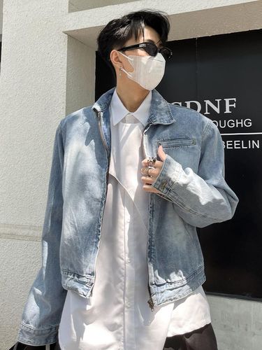 Leather-jacket minority design relaxed fit short-sleeve autumn retro distressed denim jacket for men with an Insta cool style