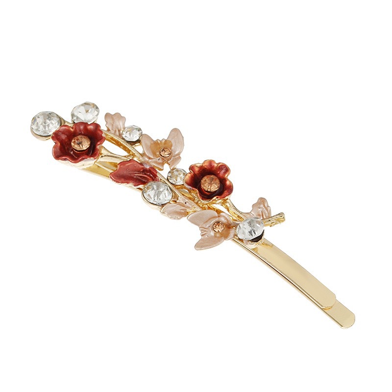 Manufacturer of Alloy Hair Clips with Painted Edges, Women's Retro-Style Floral Bangs Clips, Rhinestone Barrettes for Stray Hair