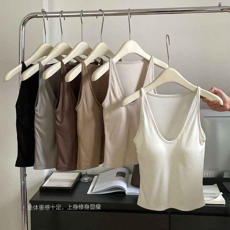 Korean Society 6627# Basic Fine Shoulder Thread Integrated Cup Vest with Bases inside and Skinny Sling on US Back Korean Society 6627# Basic Fine Shoulder Thread Integrated Cup Vest with Bases inside and Skinny Sling on US Back