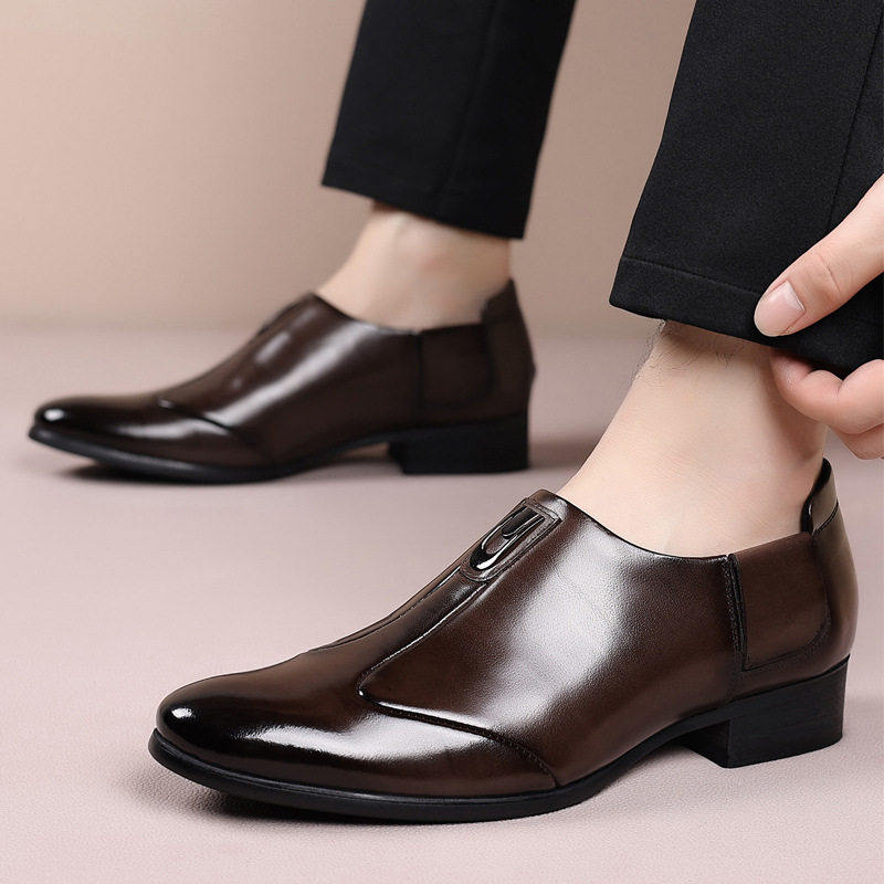 Giày da nam công sở mũi nhọn da bò lớp đầu, giày lười đế gỗ — Màu nâu, màu đen