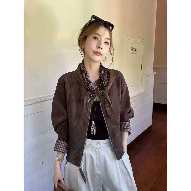 欧货复古丝巾鹿皮绒外套女2025秋季新款时尚设计感格子拼接夹克潮|undefined