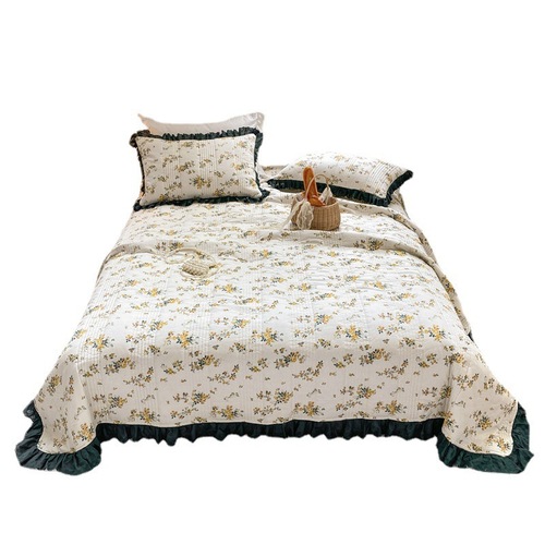 French retro style cotton quilted bed cover four-piece set single bed cover pillowcase lace bedding three-piece set cross-border