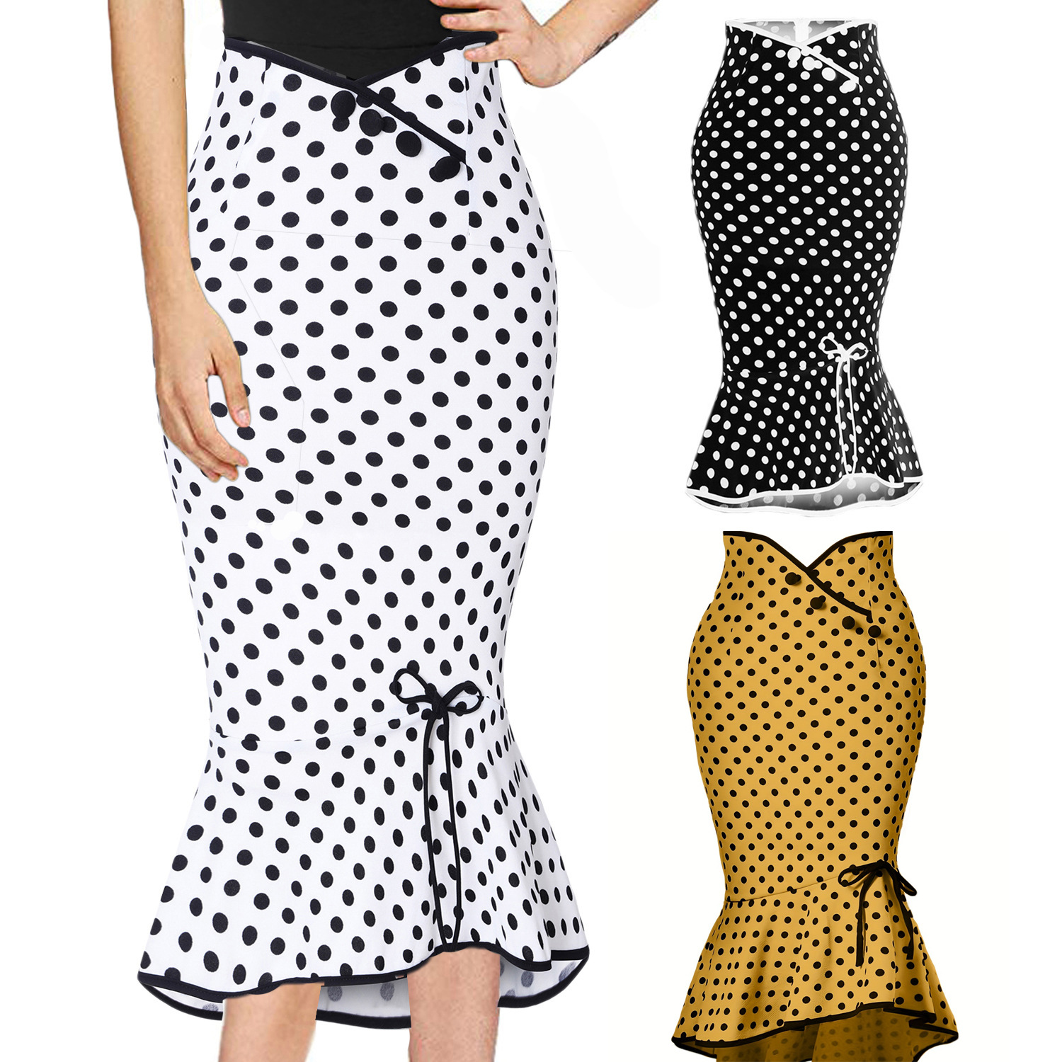 2023外贸女装 ebay速卖货源  欧美新款纽扣系带荷叶边圆点半身裙