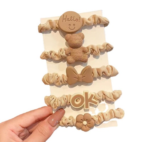 Milk tea color 5-piece set of children's headband large intestine hair band women's high ponytail rubber band ins high-value hair accessories hair rope wholesale