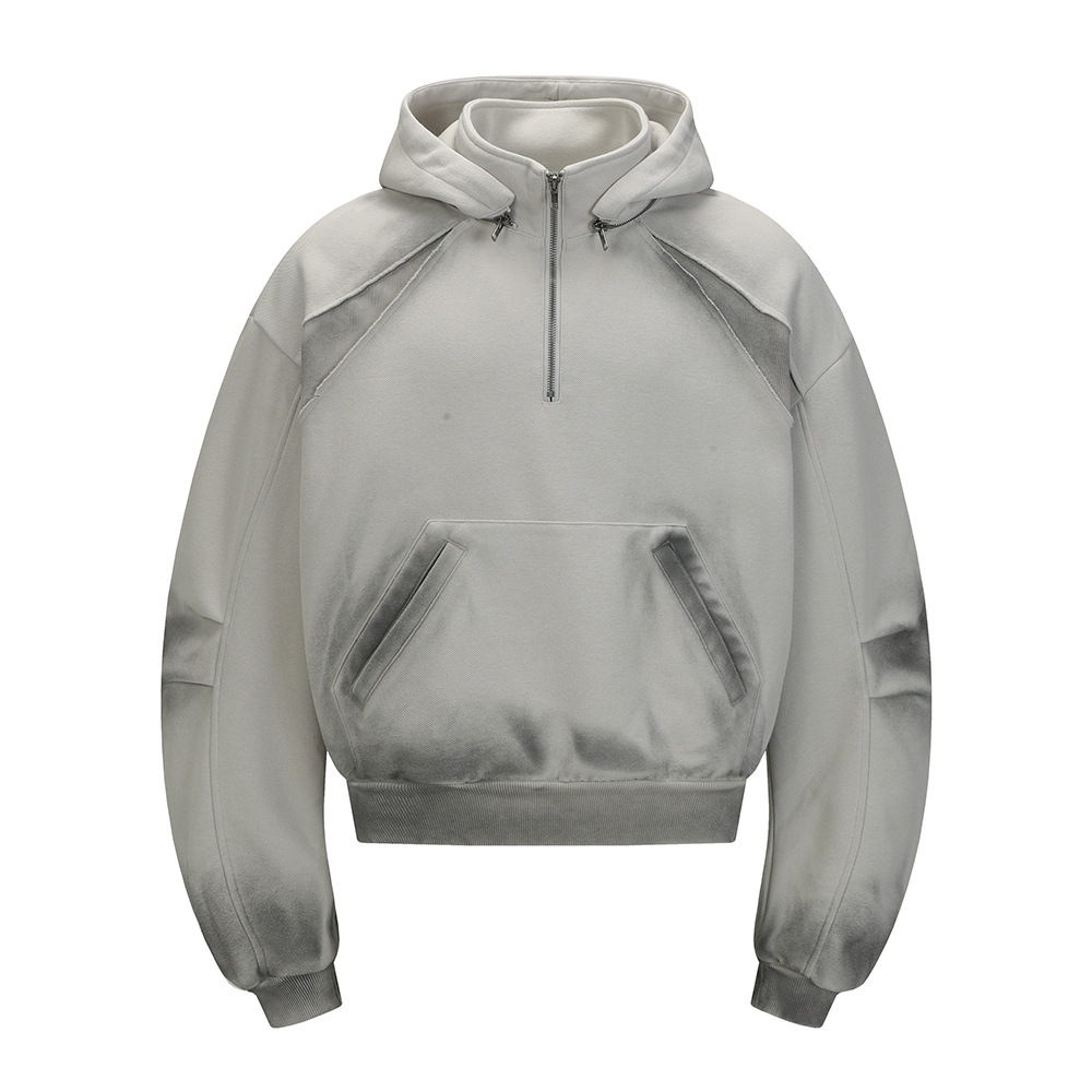Wasteland Style Spray Paint Vintage Dirty Hoodie For Men With Detachable Hat Design Half-Zip Stand Collar Sweatshirt_voghion.com