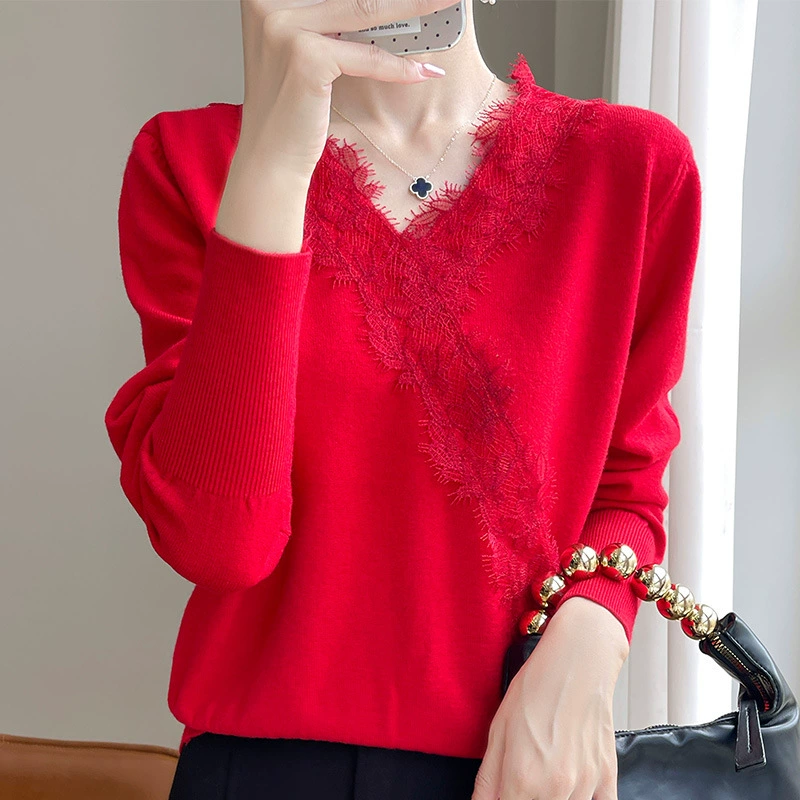 Сексуальная кружевная кофта с длинным рукавом, водолаз knitted thermal underwear demi-season, V-образный вырез, корейский стиль, облегающая, западный стиль