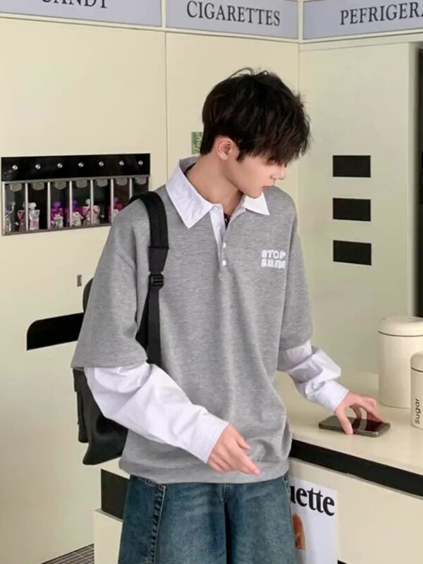 Gray Fake Two-Piece Sweatshirt Men's Spring & Fall Shirt Polo Collar Long-Sleeved T-Shirt Lazy Style Korean Style Atmosphere Wear