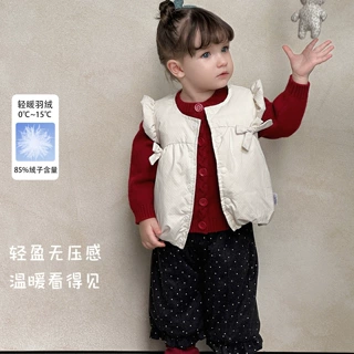2026新款秋冬女童蝴蝶结轻羽马甲宝宝外穿卡通保暖坎肩背心三件套