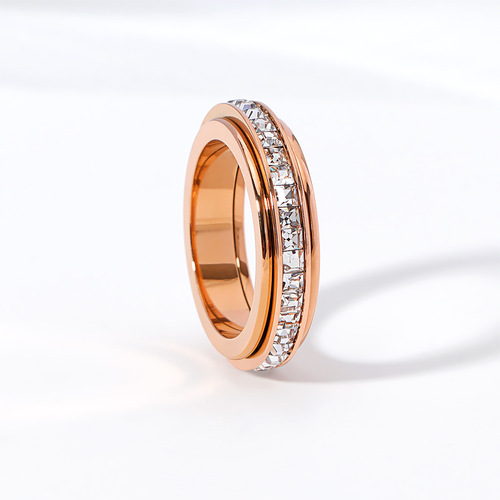 Live broadcast simple single row diamond rotatable ring 18k rose gold plated zircon titanium steel baby's breath ring for women