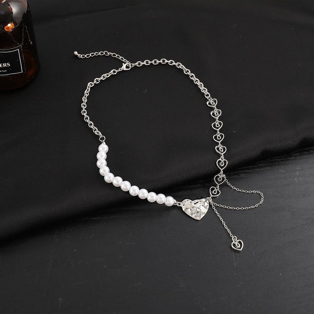 new retro pearl simple stitching pearl chain heart pendant necklace